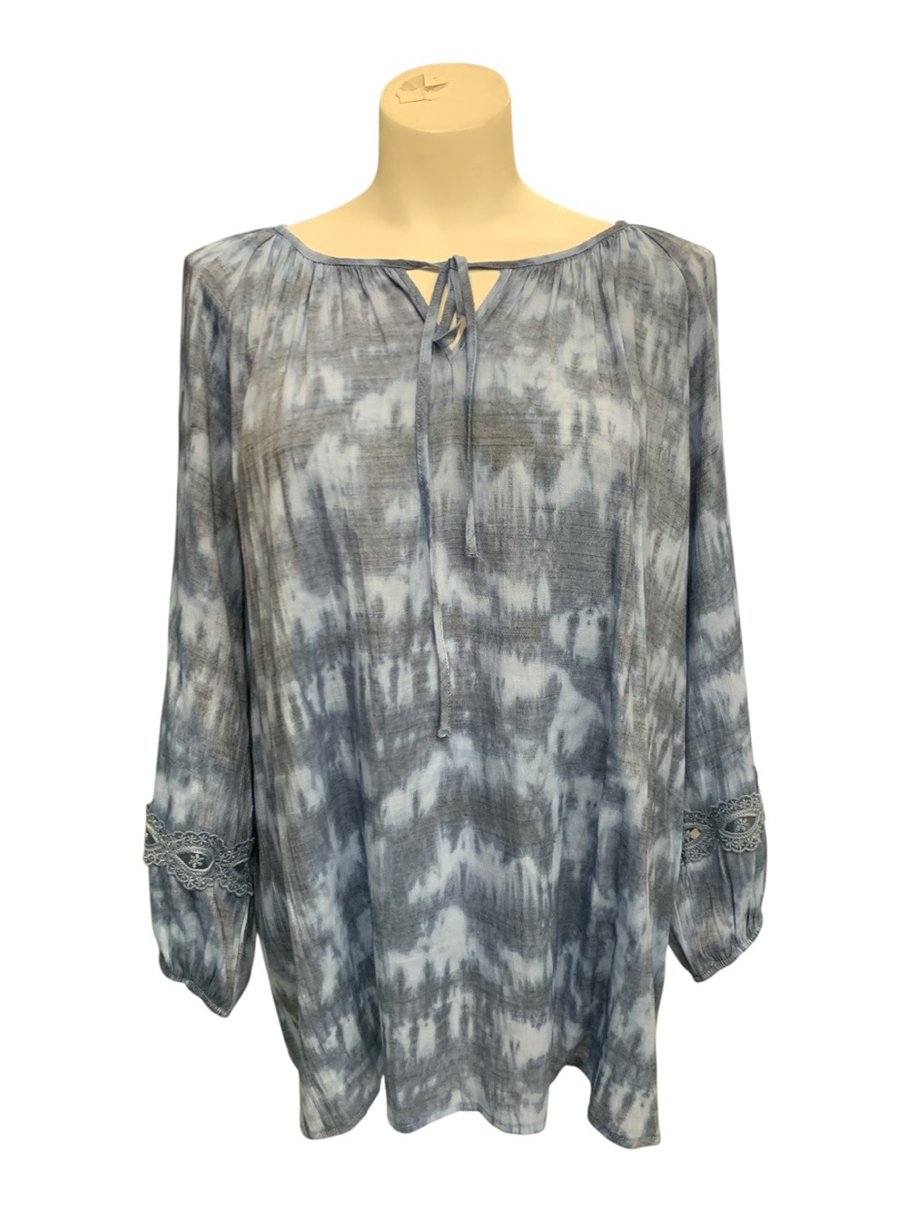 Tie-Neck Blue Gray Tie-Dye Peasant Tunic